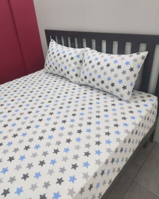 Yıldız Mavi Lastikli Çarşaf Seti Çift Kişilik | Komple Lastikli Solmaya Dayanıklı Yüksek Derinlik