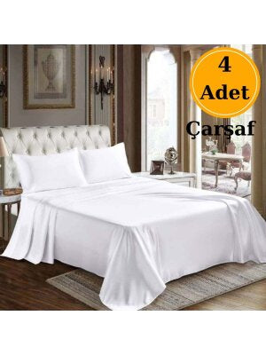 Otel Tipi Çarşaf 4'lü Set Beyaz 235x260 cm | Lastiksiz Ekonomik Çift Kişilik Çarşaf