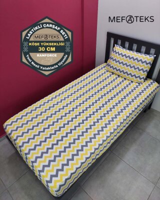 Zigzag Sarı Lastikli Çarşaf Seti Tek Kişilik | Kaymaz, Solmaya Dayanıklı