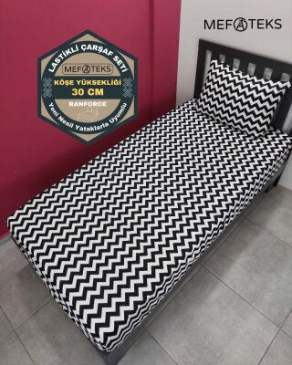 Zigzag Siyah Lastikli Çarşaf Seti Tek Kişilik | Kaymaz, Solmaya Dayanıklı
